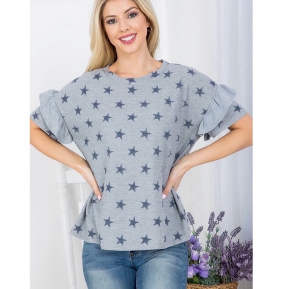 Elliott & Vine Star Print Ruffle sleeve Top - Picture 3 of 6